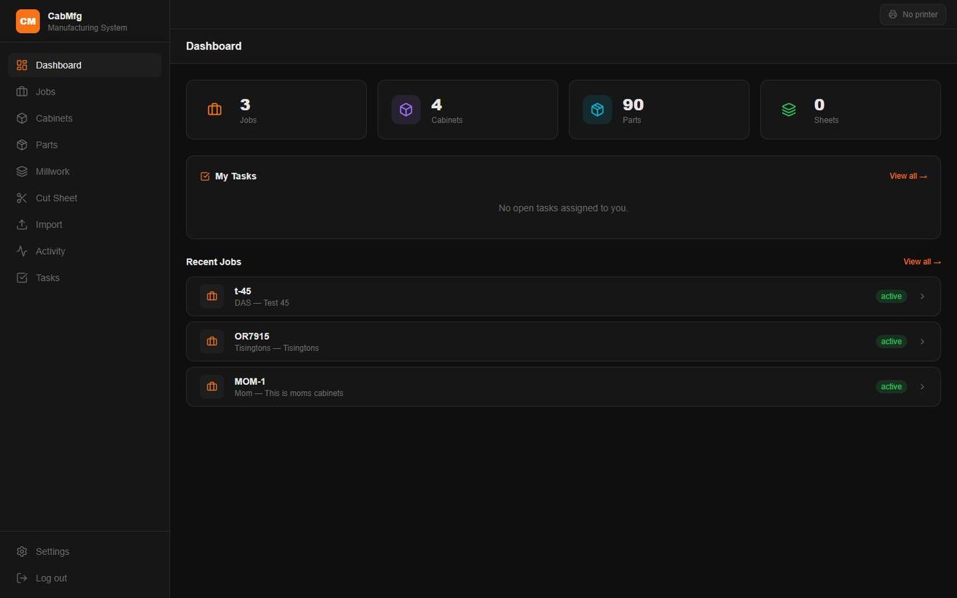 The CabMfg dashboard on a tablet — touch-friendly UI