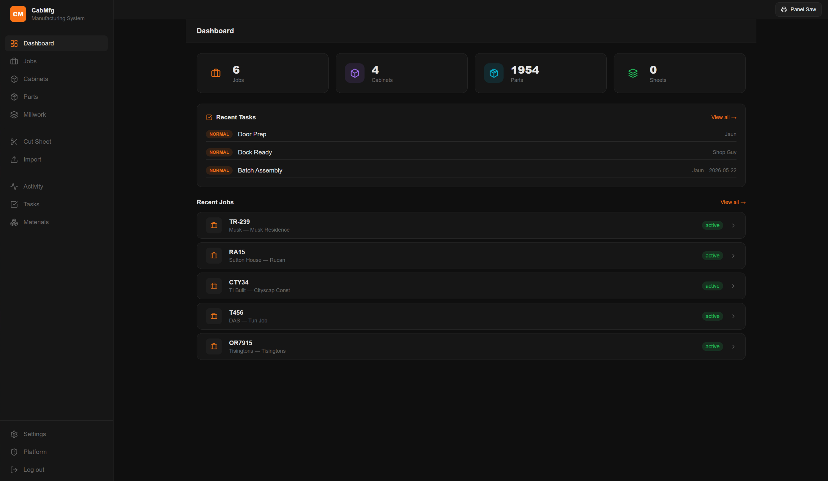 The CabMfg dashboard on a tablet — touch-friendly UI