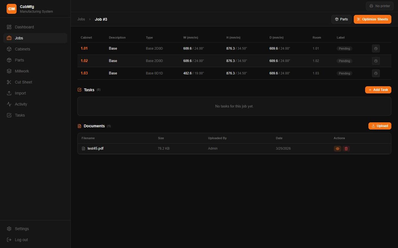 A job page showing cabinets, tasks, and uploaded shop drawings