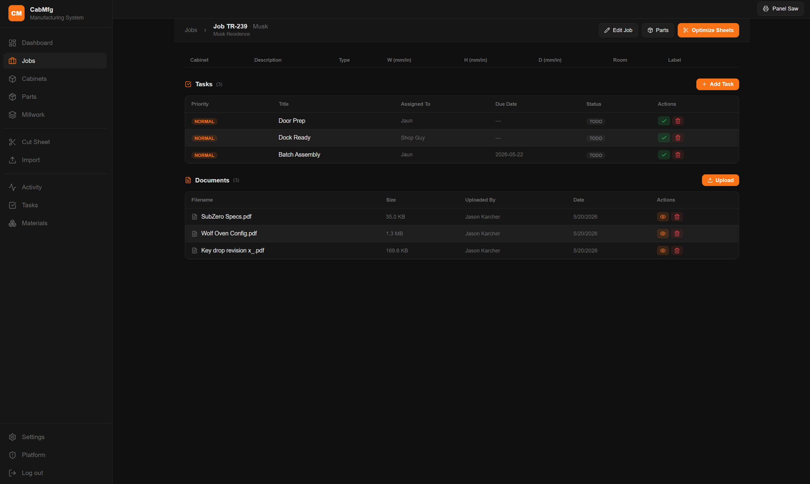 A job page showing cabinets, tasks, and uploaded shop drawings