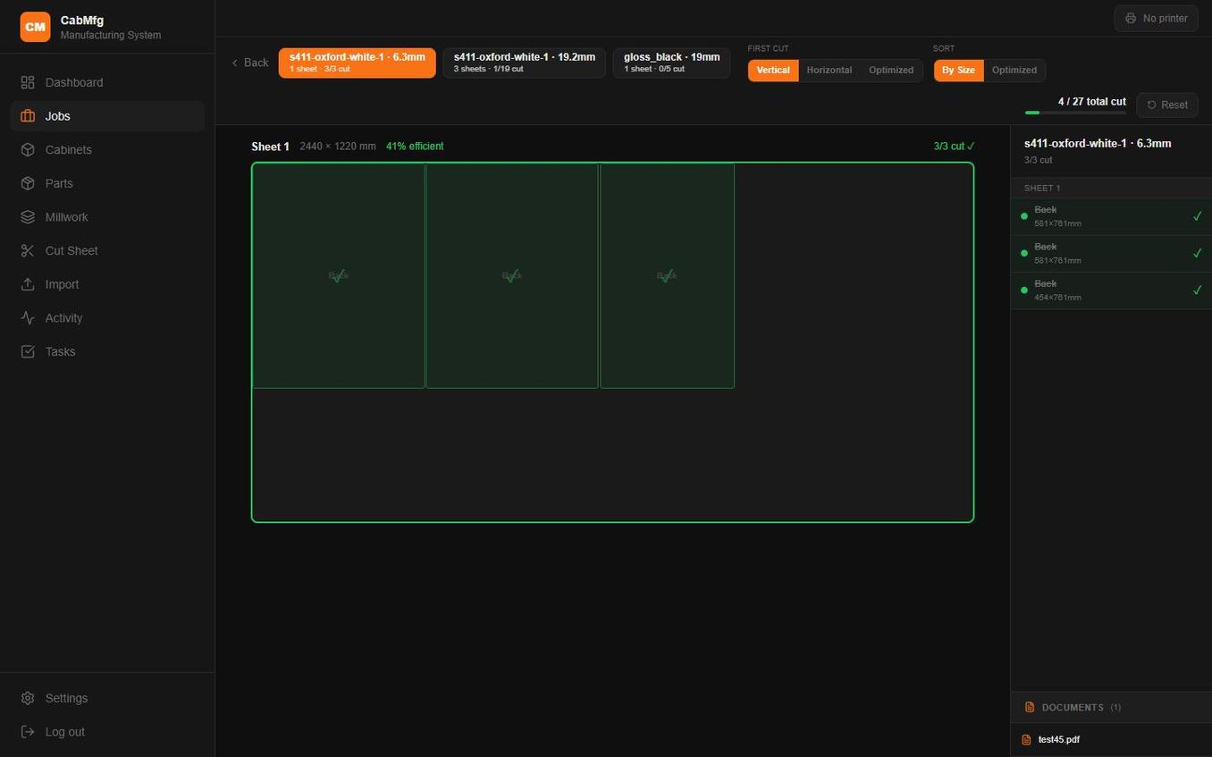 The CabMfg sheet optimizer running on a tablet at a panel saw