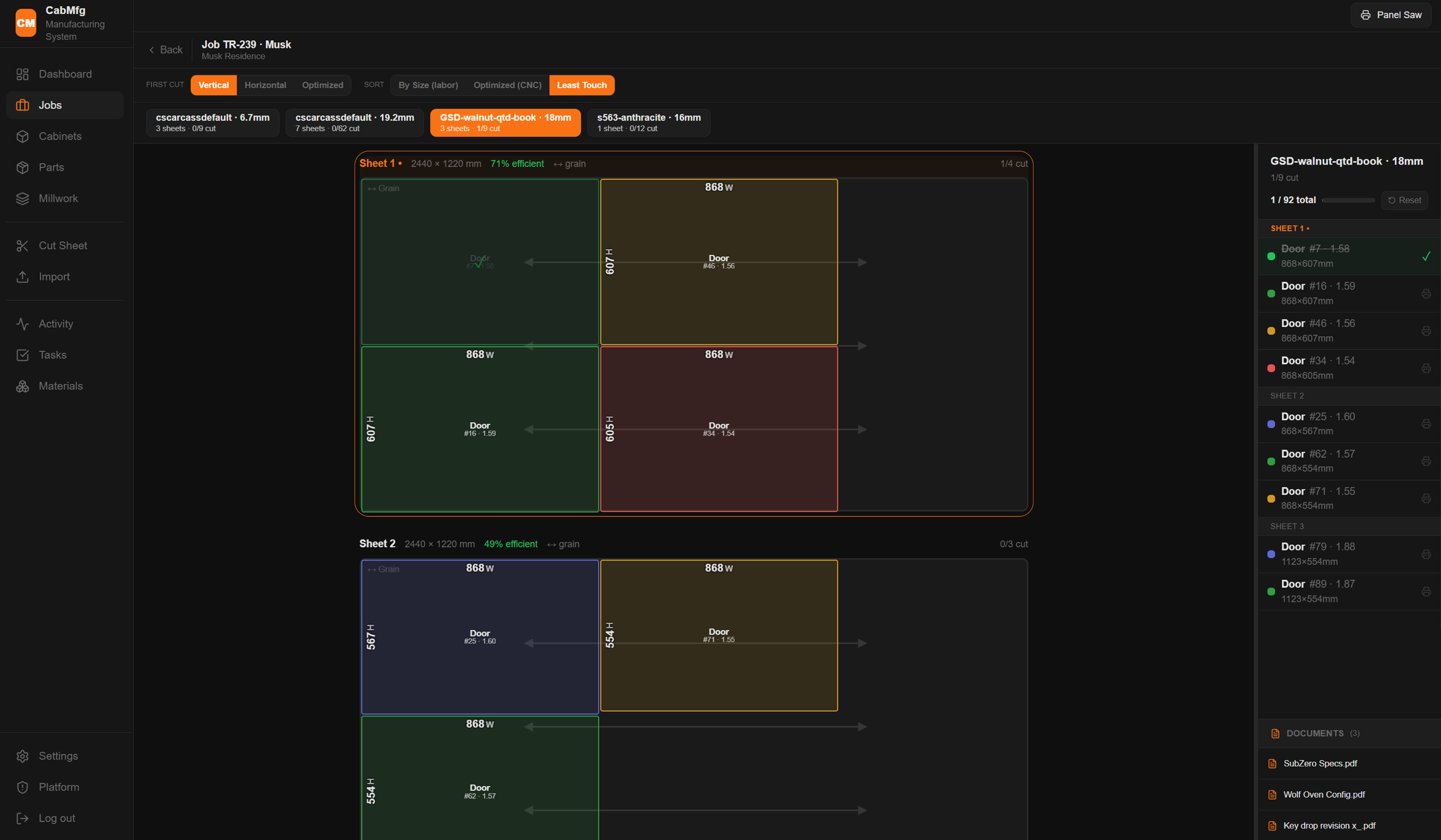 The CabMfg sheet optimizer running on a tablet at a panel saw