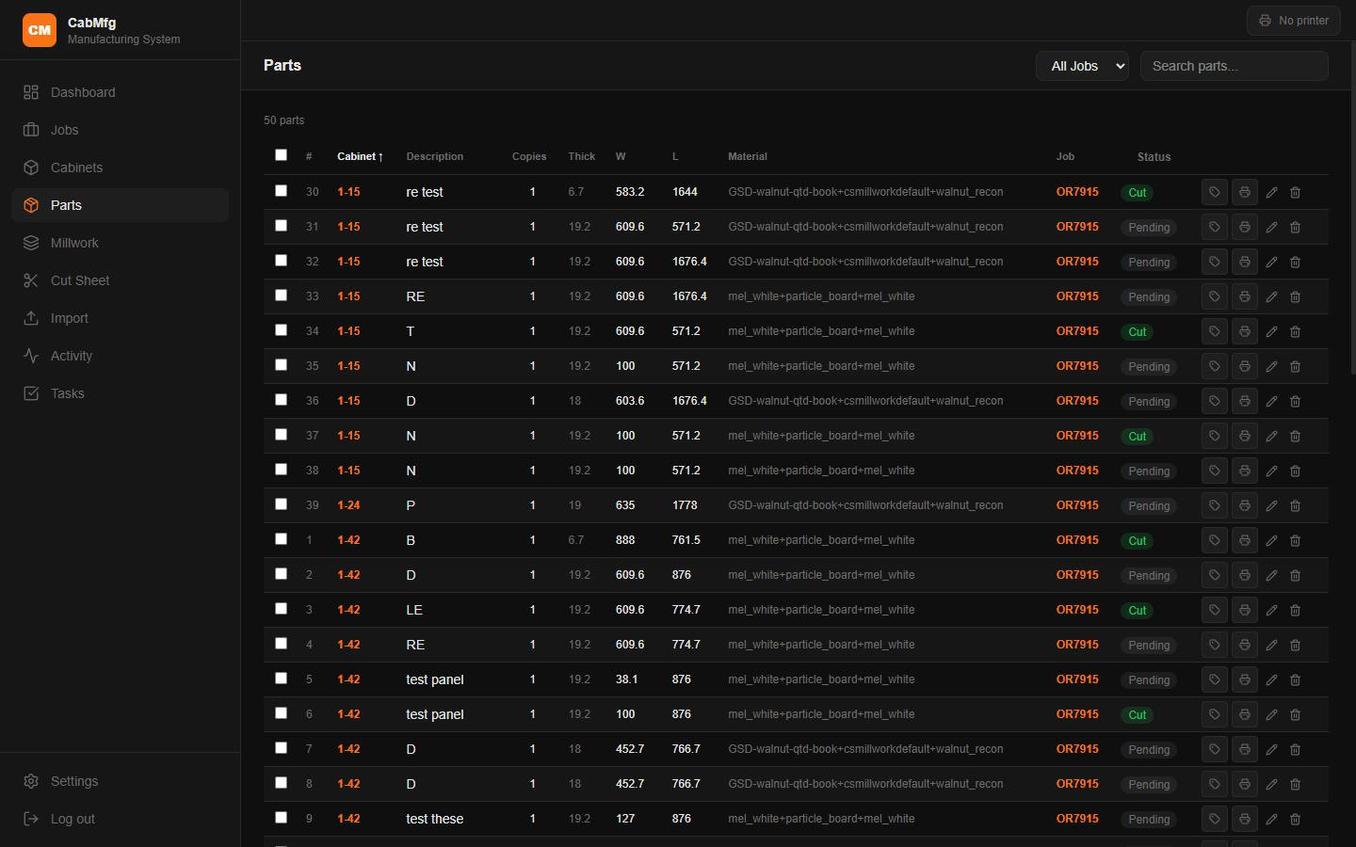 The parts list with print-label actions on every row