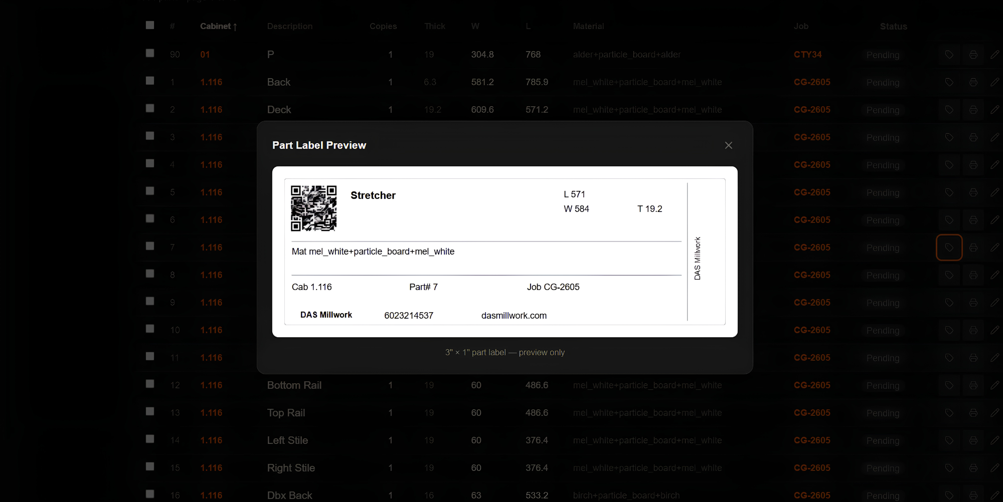 The parts list with print-label actions on every row